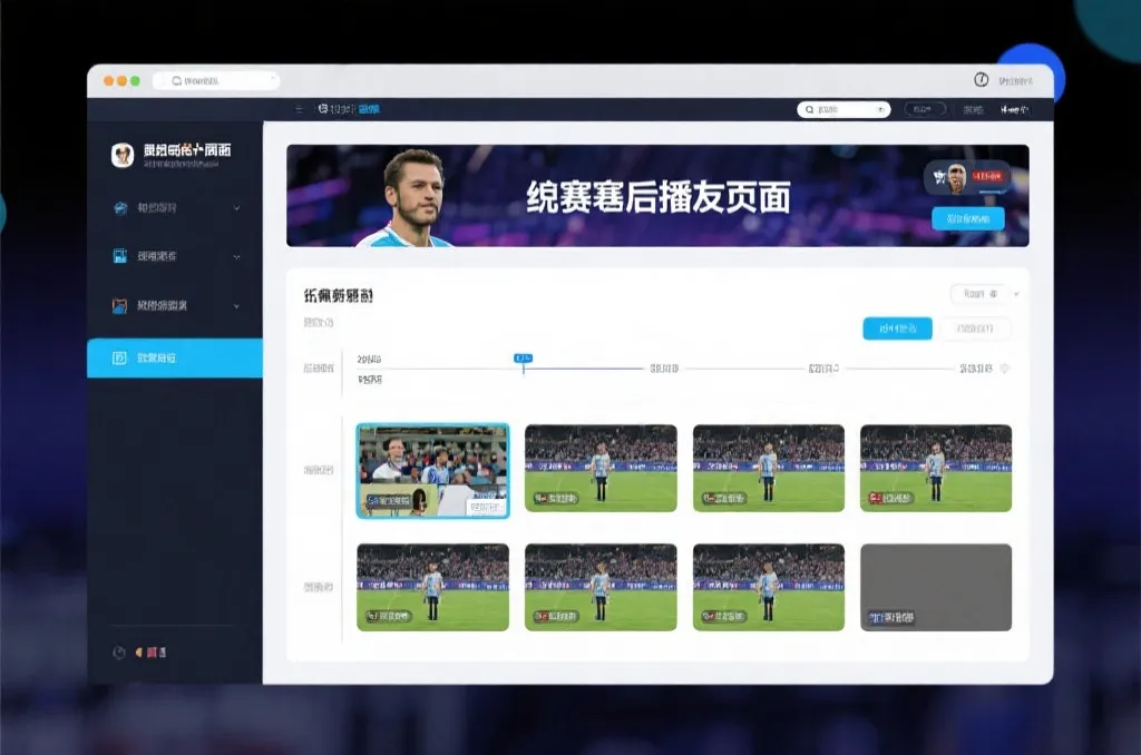 比赛结束后，电视屏幕展示集锦回放页面，旁边有时间轴和多角度切换提示